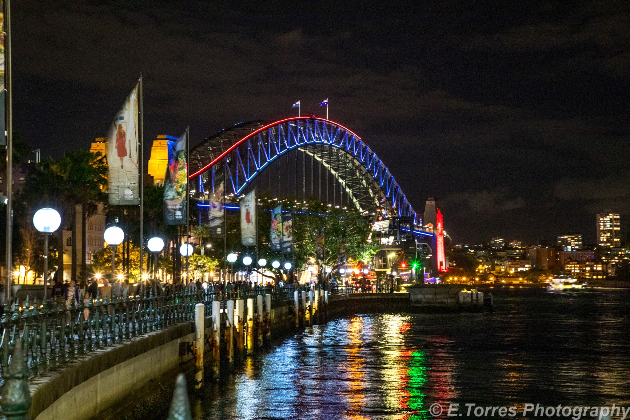 red-blue bridge at night